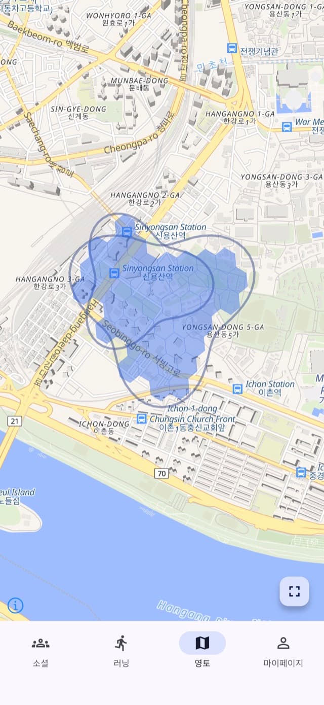 런픽 앱 지도 화면 — 달린 경로가 쌓인 지도